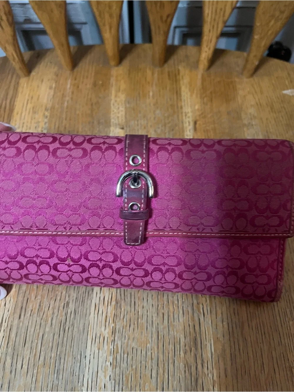 Coach Fuchsia Signature Large Jacquard Wallet with Buckle Detail